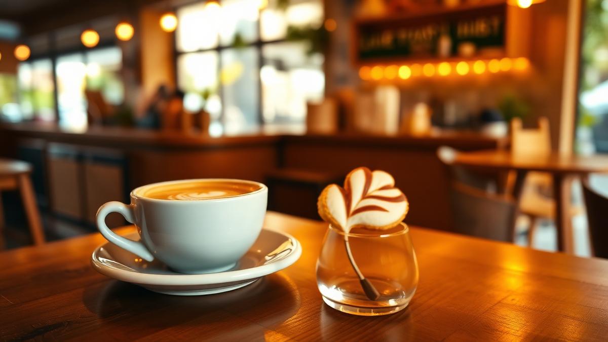 Latte with latte art on a café table