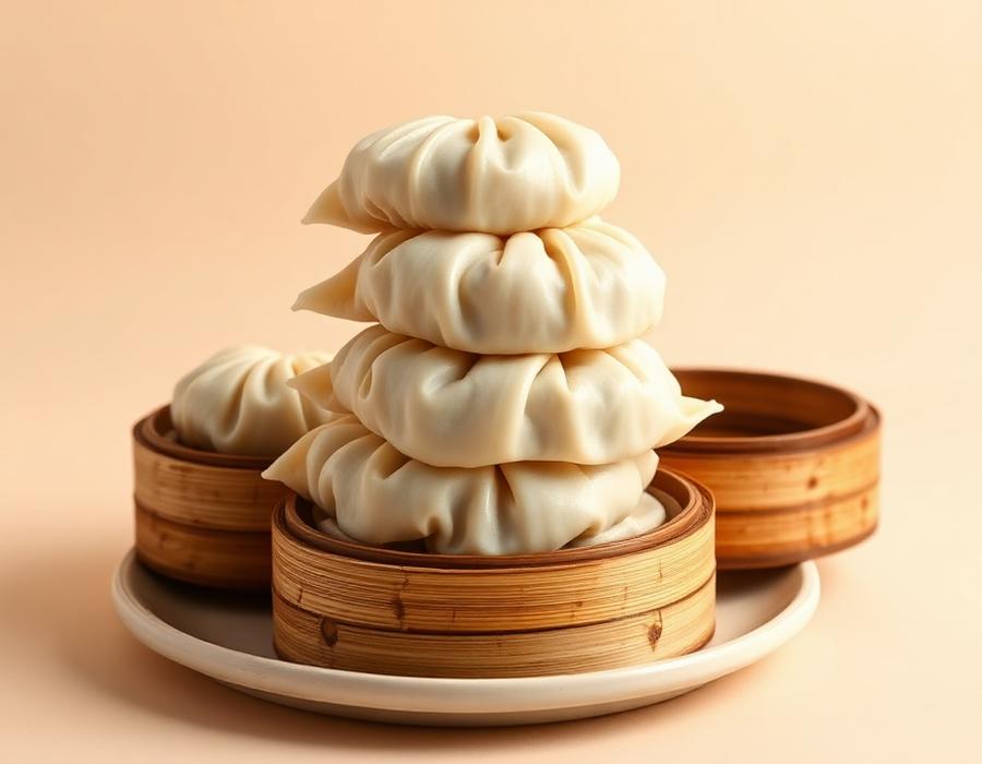 Stacked bamboo steamers of dumplings