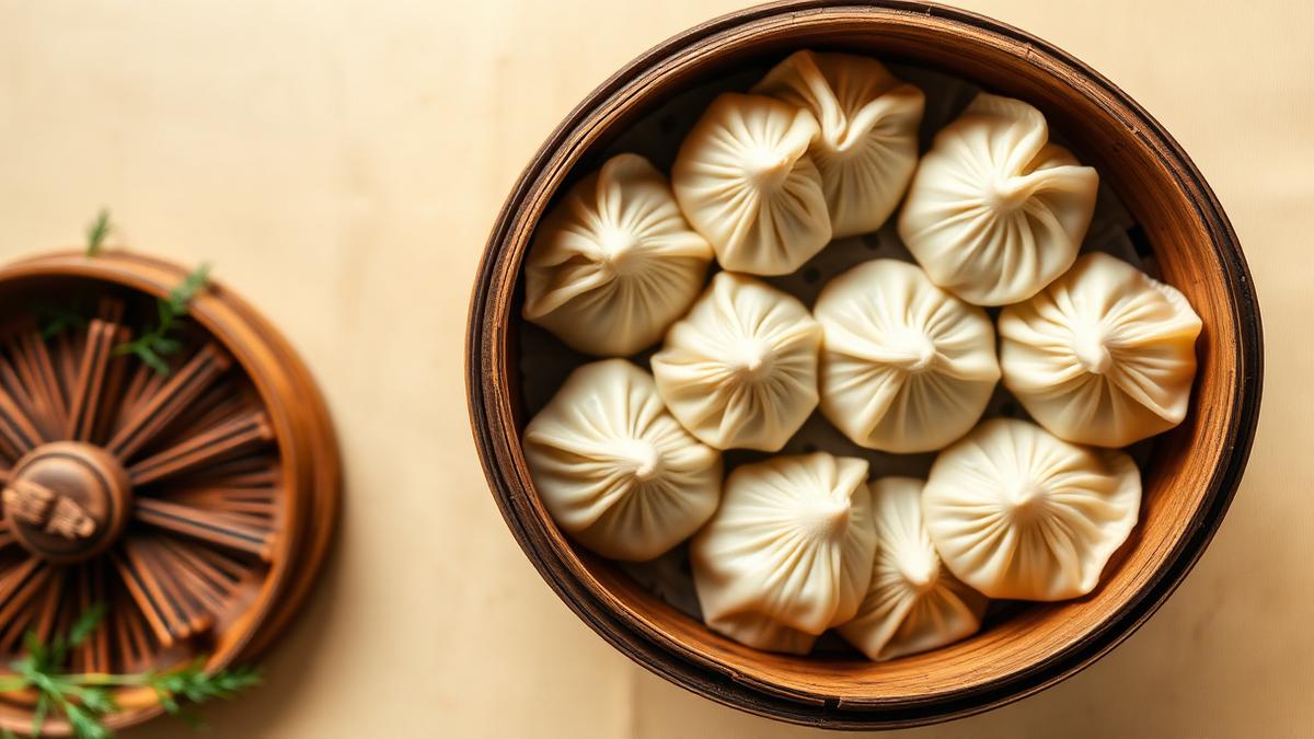Soup dumplings in a bamboo steamer