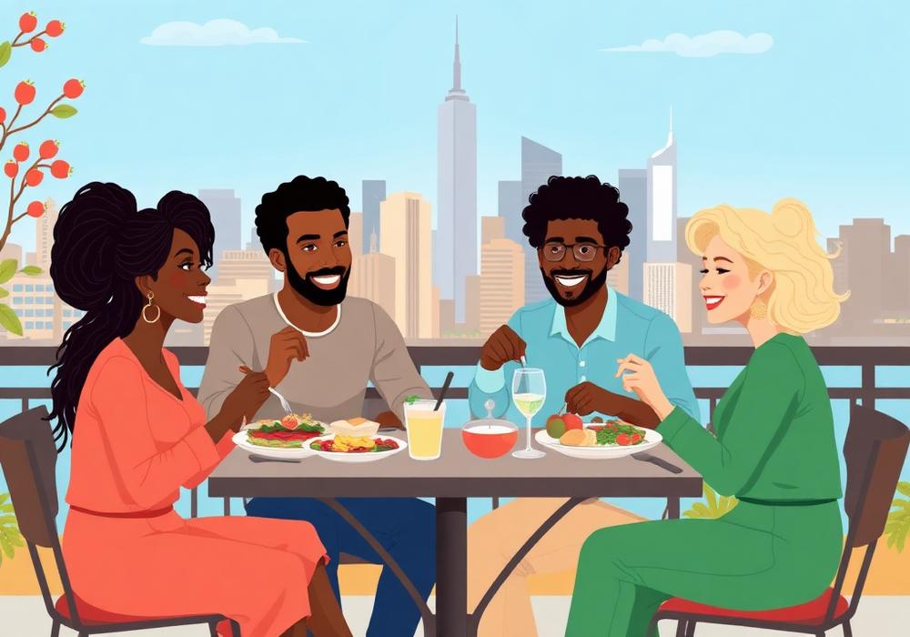 Illustration of four friends sharing a meal with the New York City skyline behind them