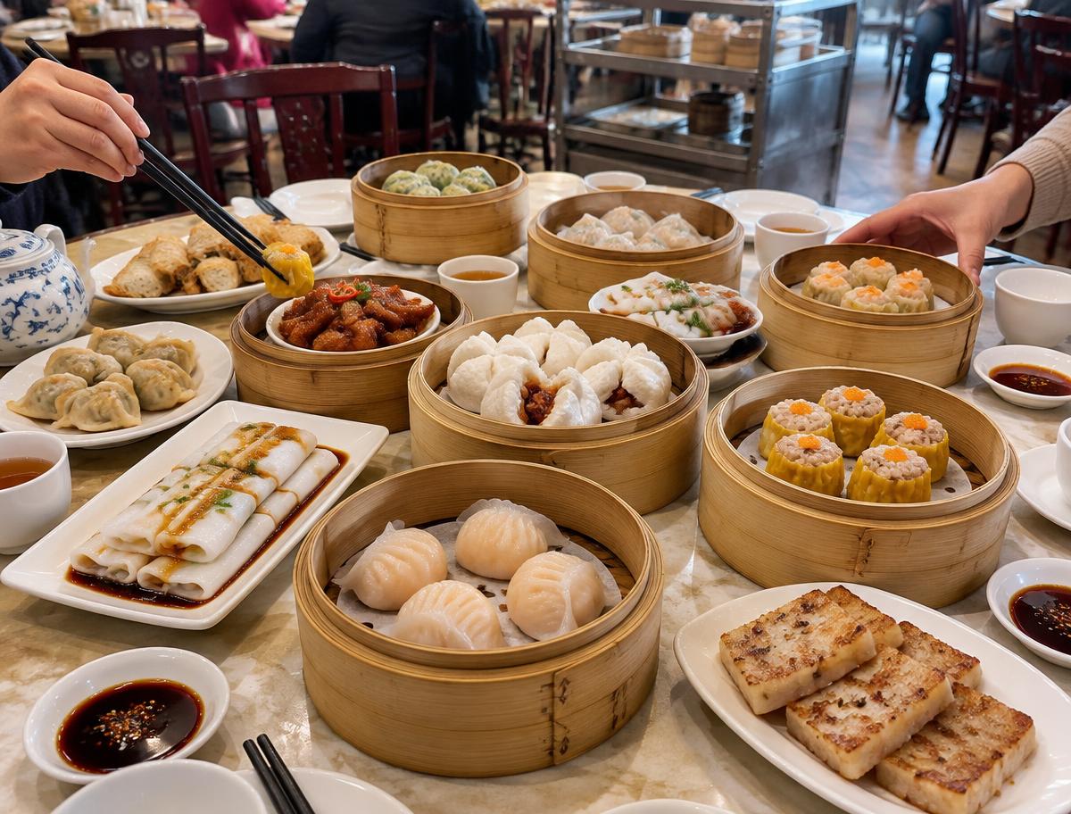 Illustrative dim sum spread with open bamboo steamers, rice rolls and shared dishes
